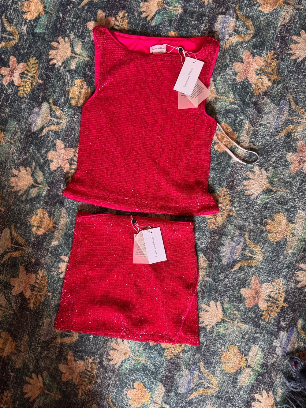 Lovers + Friends Red Sparkle Knit Two-Piece Skirt Set